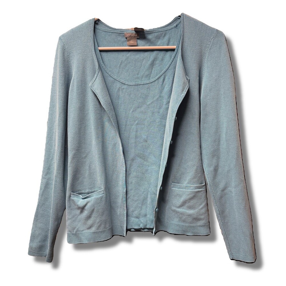 Ann Taylor Sweater Set Womens Size S Blue Cardigan & Sleeveless Tank 2PC
